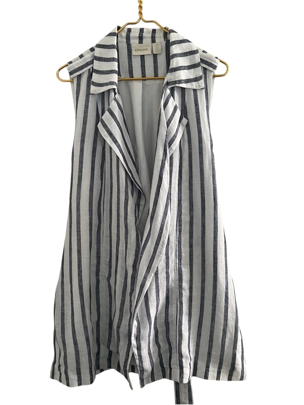 Chico's 100% Linen Navy White Striped Sailor Long Vest/Duster Belted Sz 2 L-12